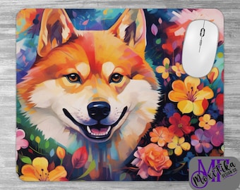 Shiba Inu Mouse Pad - Shiba Inu Desk Mat - Shiba Inu Decor - Shiba Inu and Flowers - Shiba Inu Office Accessory - Shiba Inu Gift
