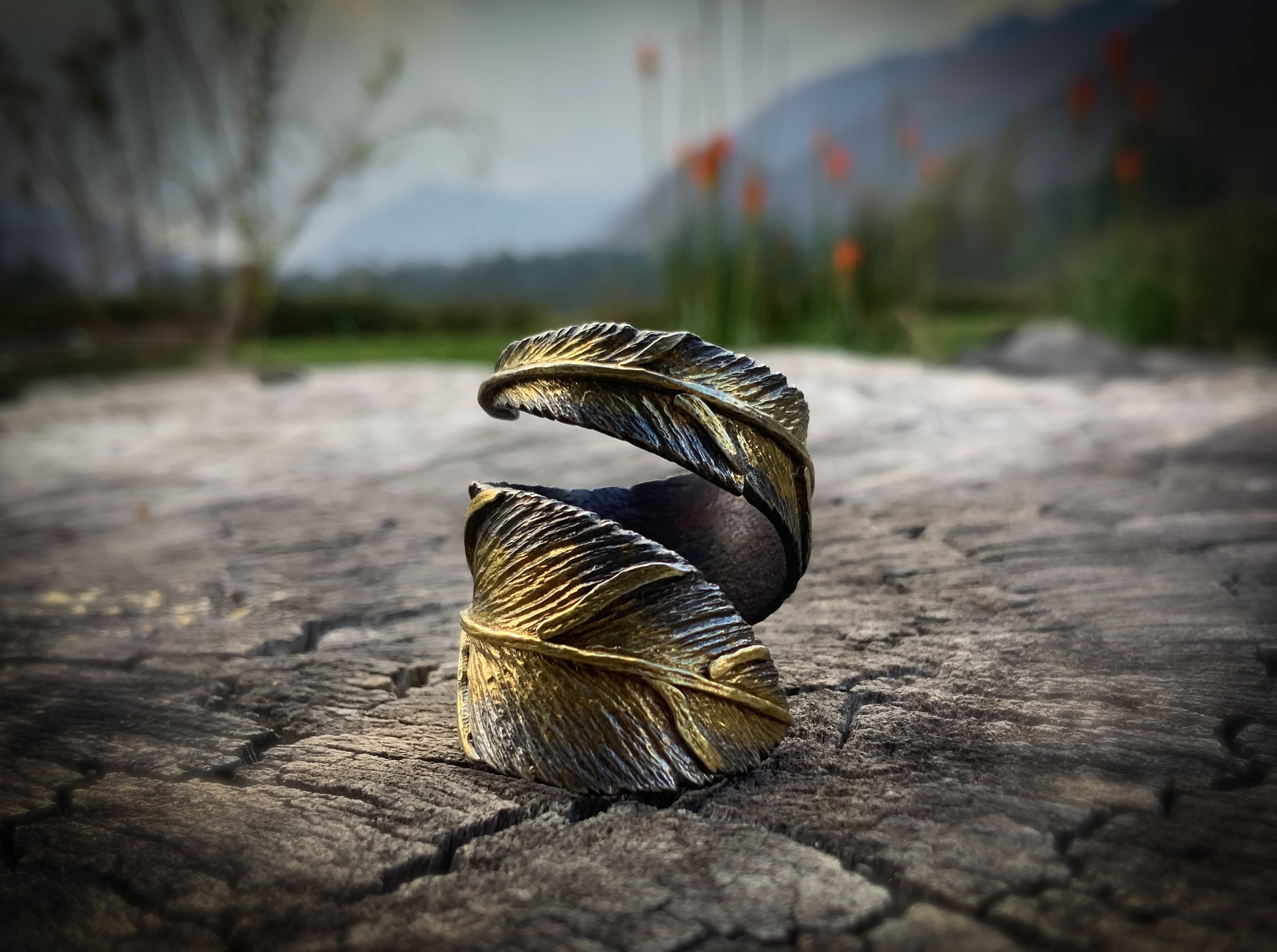 Feather wrap ring Silver and Gold Ring Feather ring Silver Feather ring Gold Feather ring Handmade Feather ring Feather Statement ring