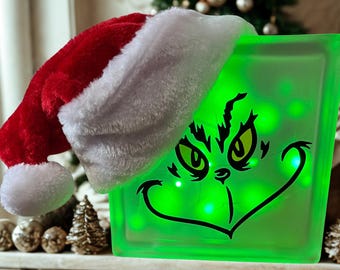 Lighted Grinch Glass Block, Frosted Christmas Decor, Whoville Grinchmas Accent