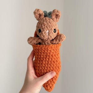 May include: A handmade crochet bunny toy peeking out of an orange carrot. The bunny is light brown with black eyes and a white nose. The carrot has a textured surface and green leaves at the top. A cute Easter or spring-themed item.
