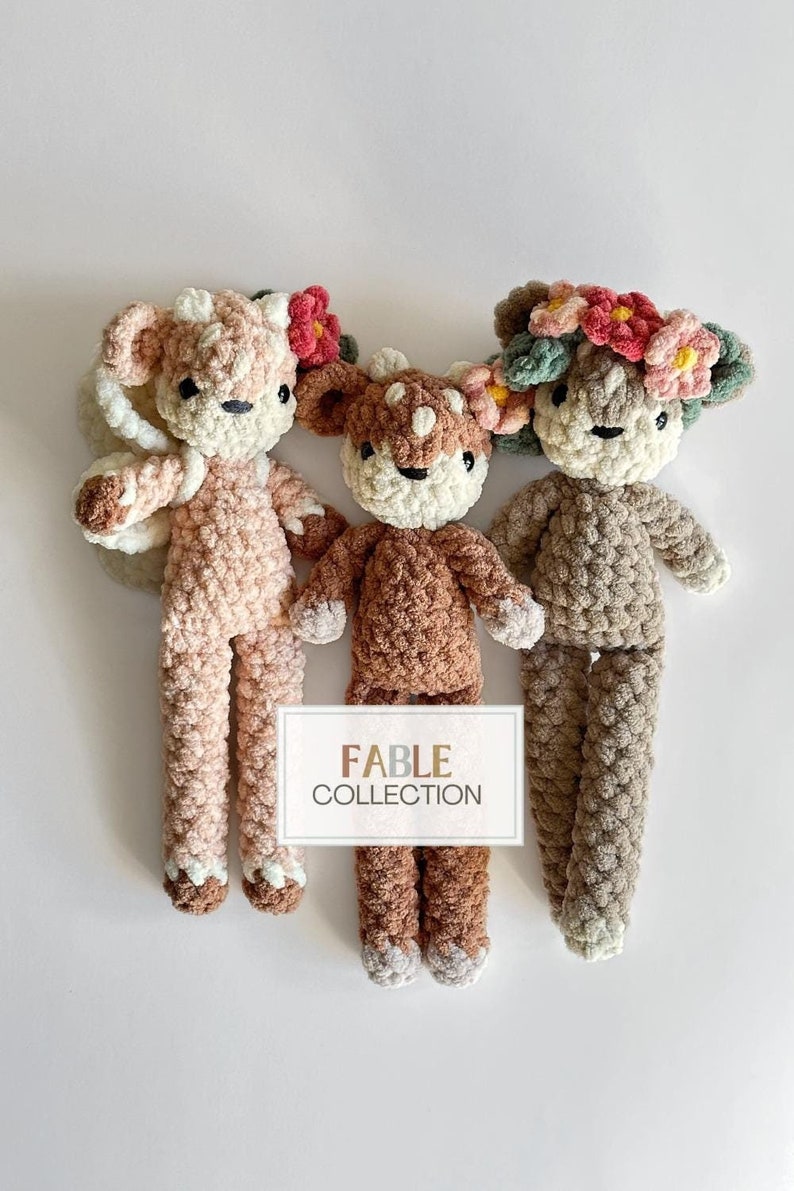 Little crochet reindeer or fawns with flower headbands and fairy wings.