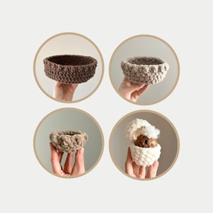 May include: Four crocheted baskets, two brown and two white. The white baskets are shown with a small brown crocheted chick inside.