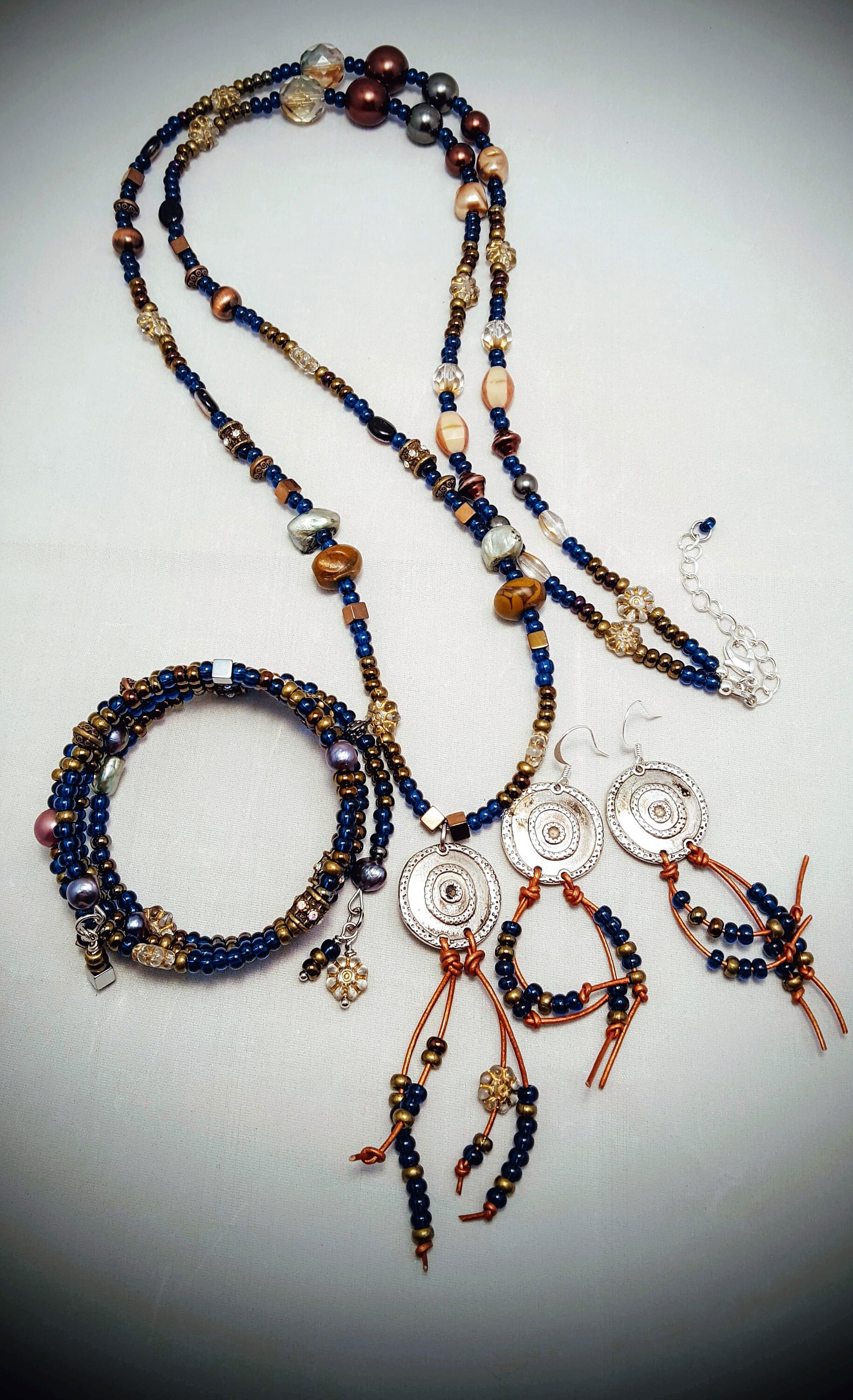 Download Long Bohemian Necklace, Memory Wire Wrap Bracelet, and Matching Earring Set