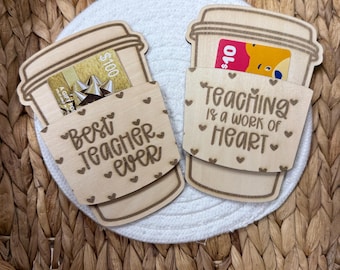 Portatarjetas de regalo para profesor, taza de café de madera, con mensaje grabado