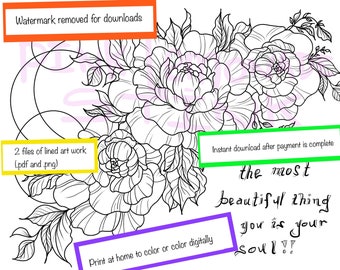 Downloadable coloring page: roses and inspiration quote