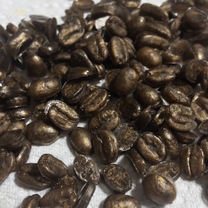 May include: A close-up of a pile of dark brown coffee beans. The beans are shiny and have a smooth texture.