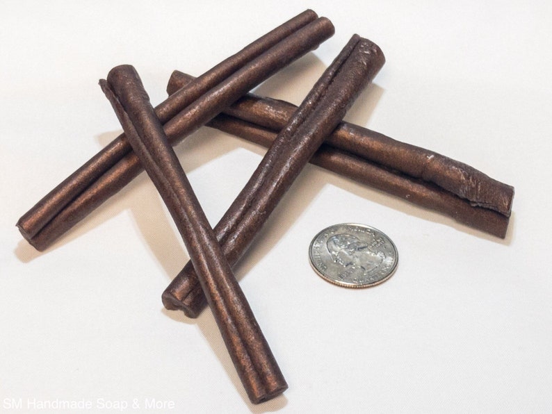 May include: Five brown cinnamon sticks arranged in a criss-cross pattern on a white surface. A US quarter is included for scale.