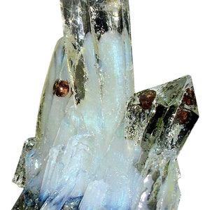 May include: A cluster of clear quartz crystals with iridescent blue and white hues. The crystals have sharp points and are accented with small, copper-colored inclusions. The base of the cluster features dark blue and gray mineral deposits.