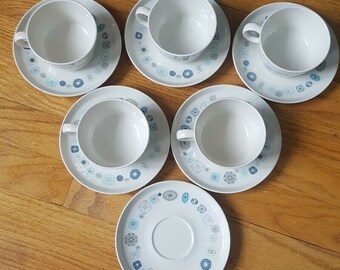Lote de tazas y platillos de café Franciscan Del Mar de cerámica vintage de mediados de siglo, 5 tazas y 6 platillos