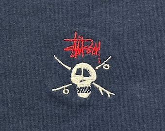 Vintage 90's Stussy Embroidered Skull T Shirt Size Small Made in USA Crewneck Skater Navy Blue