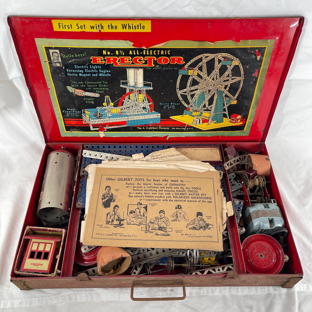 Vintage 1938 Gilbert #8 1/2 Erector Set Ferris Wheel-red Metal  Case-manual, Made in USA