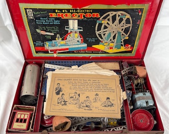 Juego de construcción de rueda de la fortuna A.C. Gilbert n.° 8 1/2 vintage de 1938, caja de metal roja, manual, fabricado en EE. UU.