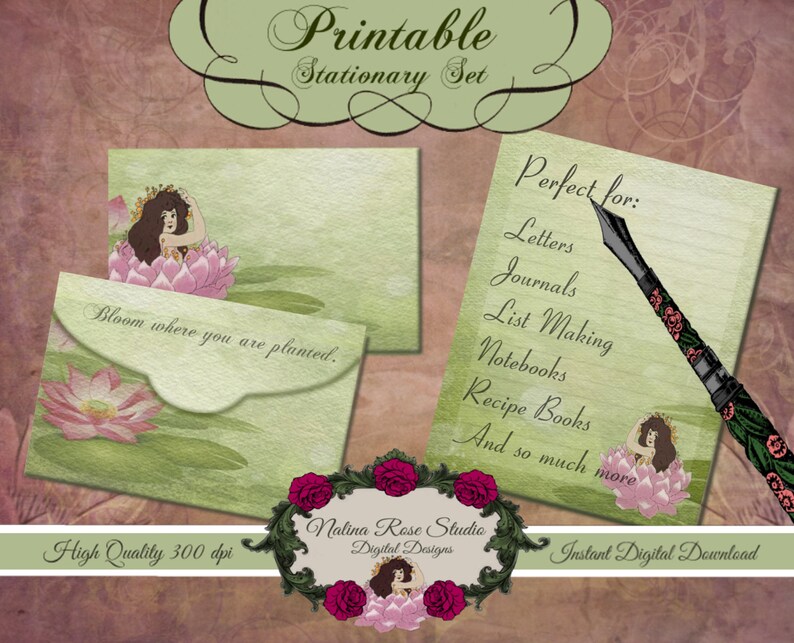Stationery Set~ Inspirational Lotus~ 6x4 Envelope with 8x10 Stationary Page~ DIGITAL DOWNLOAD PRINTABLE
