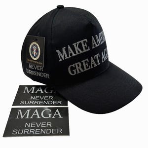 May include: Black baseball cap with the text "MAKE AMERICA GREAT AGAIN" embroidered in silver on the front. The cap also has a small embroidered presidential seal and the text "NEVER SURRENDER" on the side. Two stickers with the text "MAGA NEVER SURRENDER" are included.