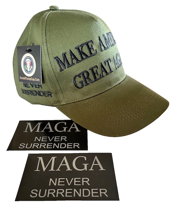 President Trump...DARK MAGA Hat..Never Surrender..+ 2 Decals..Olive Drab/Blackout..Hot New Design!
