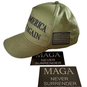 May include: A green baseball cap with the text "Make America Great Again" embroidered on the front. The cap also features a small American flag patch on the right side. Two stickers are included, both with the text "Maga Never Surrender".