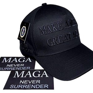May include: Black baseball cap with the text "MAKE AMERICA GREAT AGAIN" embroidered in white on the front. Two stickers are included, both with the text "MAGA NEVER SURRENDER".