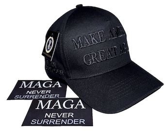 May include: Black baseball cap with the text "MAKE AMERICA GREAT AGAIN" embroidered in white on the front. Two stickers are included, both with the text "MAGA NEVER SURRENDER".