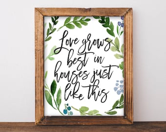 Printable wall art, Love grows best in houses just like this Farmhouse style decor Rustic wall art Living room decor quote printable art