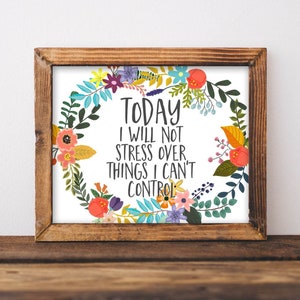 以下が含まれることがあります： 花輪のデザインと「TODAY I WILL NOT STRESS OVER THINGS I CAN'T CONTROL」というテキストが書かれた額装されたプリントです。