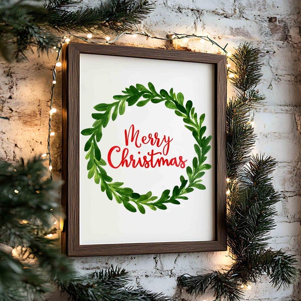 Afdrukbare aquarel vrolijk kerstkrans: rood en groen vakantiedecor (digitale download)
