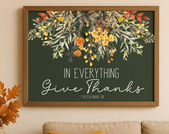 Thanksgiving Bible Verse Print: Fall Floral Scripture Quote Wall Decor (Digital Download, Horizontal)