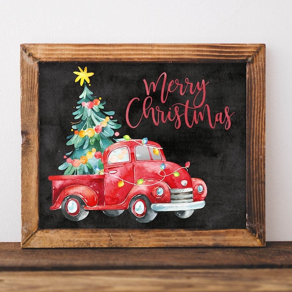 Merry Christmas Printable Wall Art, Country Christmas, Farm, Red Truck, Watercolor prints, DIY Home decor, 5x7 8x10 11x14 16x20 Printables