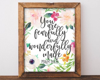 Printable Wall Art, You are fearfully and wonderfully made - Psalm 139:14 Scripture art, DIY home decor Nursery decor nursery sign gift idea