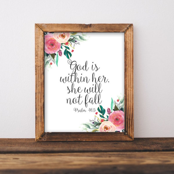 Printable Wall Art God is within her, she will not fall Psalm 46:5 printable Bible Verse Baby Girl Nursery decor Scripture printable art