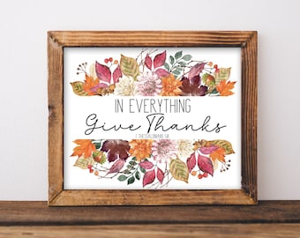 In Everything Give Thanks, Bible Verse Wall Decor, Bible Scripture Printable, Watercolor mums leaves, Fall digital art, 1 Thessalonians 5:18