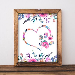 Heart Paw Print Printable wall art, Pets are love DIY home decor printable, cat paw dog paw print floral art gallery wall living room sign
