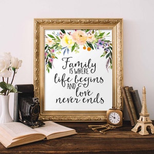 Family Printable Wall Art, Family is where life begins and love never ends printable quote floral art print, family Quote printable art