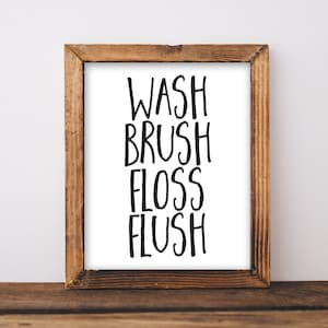 Printable Wall Art 8x10, Wash Brush Floss Fluss, bathroom printable, black and white bathroom decor, bathroom wall art, restroom wall decor
