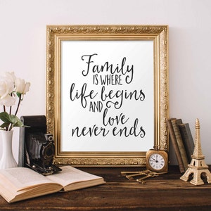 Family Printable Wall Art, Family is where life begins and love never ends printable quote print black and white printable art digital art