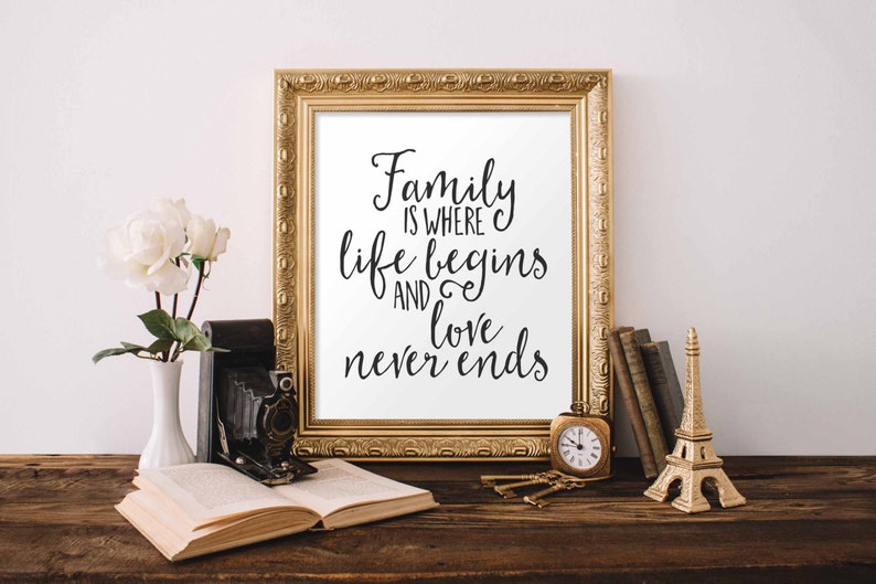 Family Printable Wall Art, Family is where life begins and love never ends printable quote print black and white printable art digital art image 1