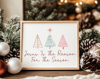 Impresión navideña de Jesús: Motivo de la temporada: Decoración navideña retro (descarga digital, horizontal)