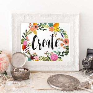 Peut inclure: Une impression encadrée blanche avec un motif de couronne florale et le mot "Créer" en écriture noire.