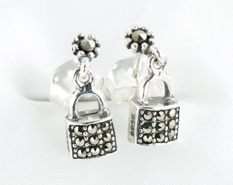 925 Sterling Silver Marcasite Locks, Marcasite Earrings, Silver Earrings, Mini Love Locks, Gift for Her