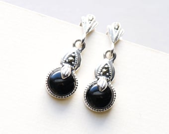 Black Onyx Dangle Earrings, 925 Sterling Silver Earrings, Boho Earrings, Dangle Earrings, Drop Earrings, Art Deco, Marcasite Earrings