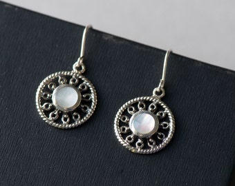 925 Sterling Silver Mother of Pearl Disc Earrings, Dangle Earrings, Round Earrings, Pearl Earrings, Gift For Her