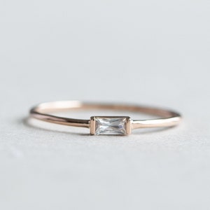 14k Solid Gold Baguette Ring, Cubic Zirconia East West Baguette Dainty Ring, Stackable Ring, Thin Ring, Rose and Choc