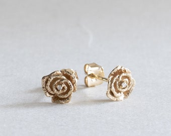 14K Diamond Rose Studs, Floral Studs, Rose Diamond Earrings, Gold Studs