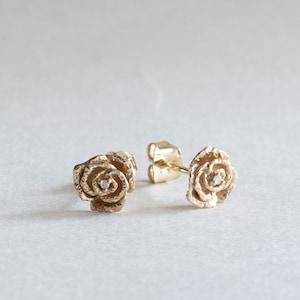 14K Diamant Rose Ohrstecker, Blumen Ohrstecker, Rose Diamant Ohrringe, Gold Ohrstecker