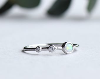 Sterling Silver Opal Ring, Minimalist Ring, Trio Ring, Space Ring, Round Ring, Dainty Ring, 925 Sterling Silver Ring