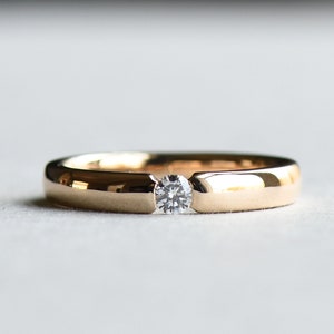 Single Diamond Wedding Band, 14k Solid Yellow Gold Band, Minimalist Wedding Band, Rose and Choc Wedding Ring