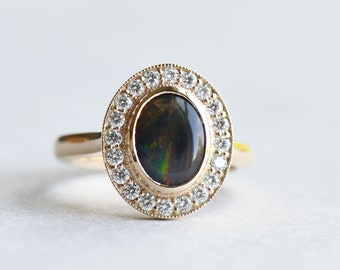 14k Yellow Gold Australian Black Opal Ring, Opal Ring, Halo Ring, Statement Ring, Rose and Choc, Cocktail Ring