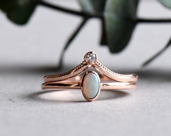 10K Opal Rose Gold Tiara Ring Set, Chevron Ring, Cubic Zirconia Ring, Engagement Ring, Genuine Australian Opal Ring, Rose and Choc Ring