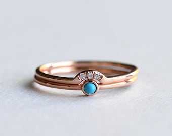 Rose Gold Vermeil Turquoise Stacks, Set of Two Rings, Rose and Choc, Dainty Ring, Rose Gold Ring, Boho Ring