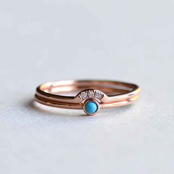 Rose Gold Vermeil Turquoise Stacks, Set of Two Rings, Rose and Choc, Dainty Ring, Rose Gold Ring, Boho Ring