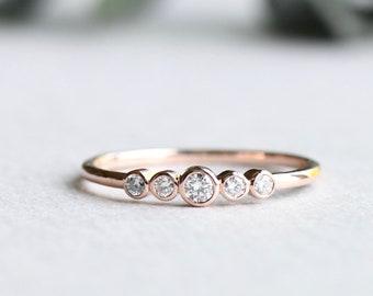 14K Five Stones Rose Gold Ring With White Diamonds, Rose and Choc Ring, Dainty Ring, Minimalist Ring